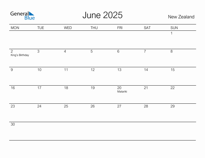 Printable June 2025 Calendar for New Zealand