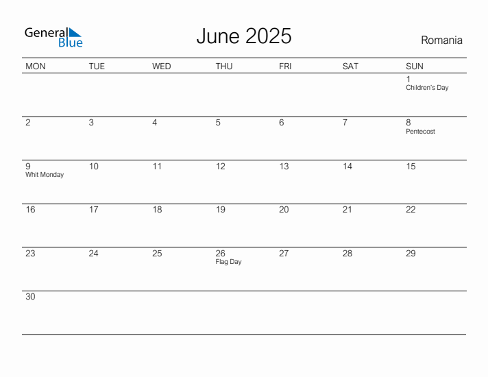 Printable June 2025 Calendar for Romania