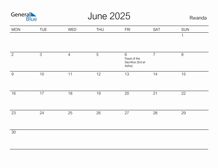 Printable June 2025 Calendar for Rwanda