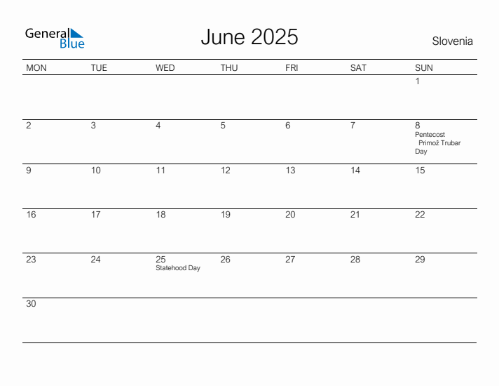 Printable June 2025 Calendar for Slovenia