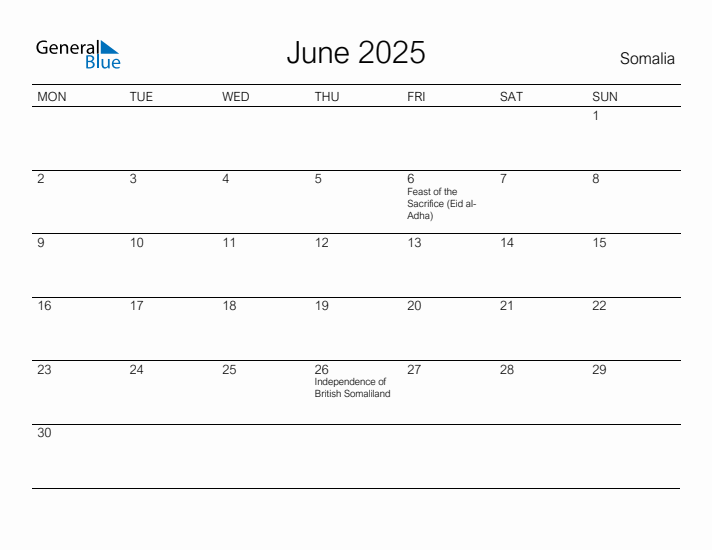 Printable June 2025 Calendar for Somalia