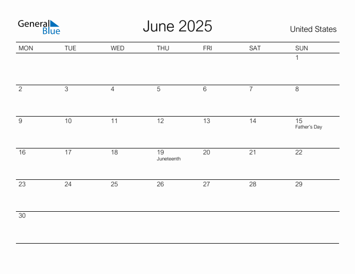 Printable June 2025 Calendar for United States