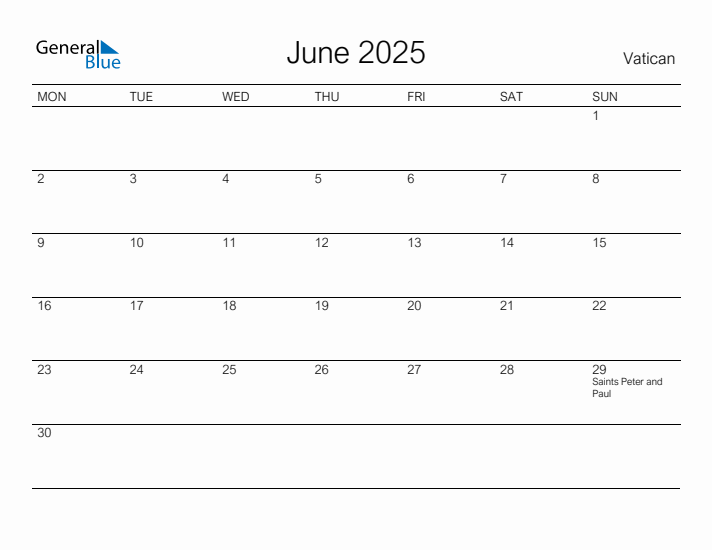 Printable June 2025 Calendar for Vatican