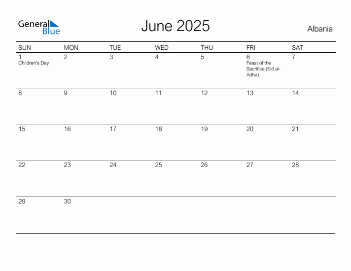 Printable June 2025 Calendar for Albania