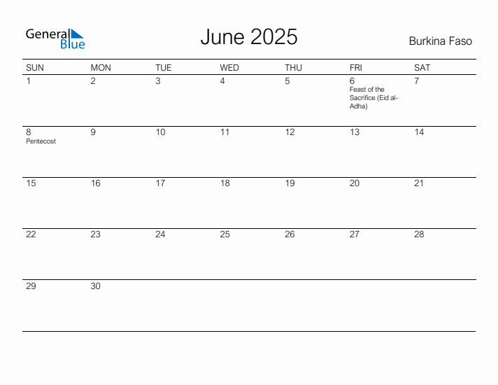 Printable June 2025 Calendar for Burkina Faso