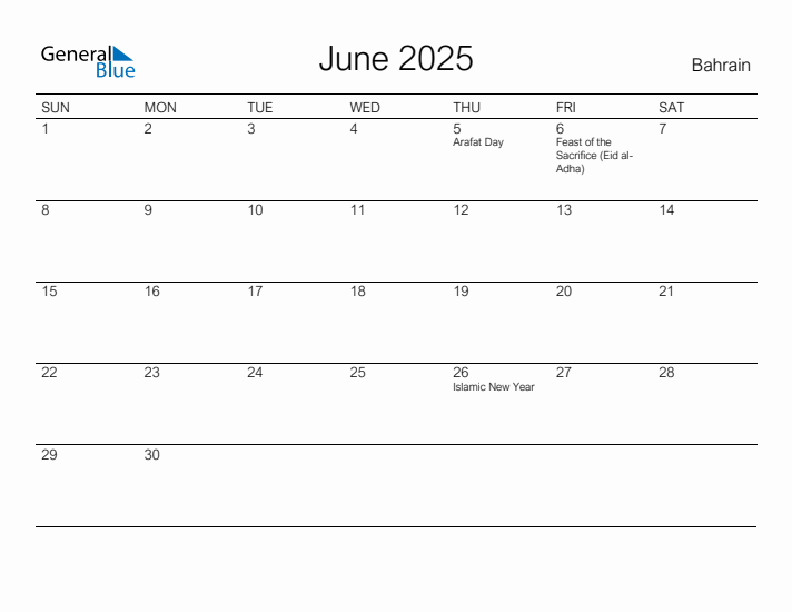 Printable June 2025 Calendar for Bahrain