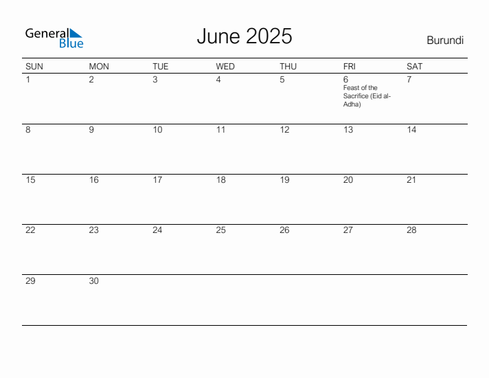 Printable June 2025 Calendar for Burundi