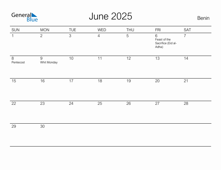 Printable June 2025 Calendar for Benin