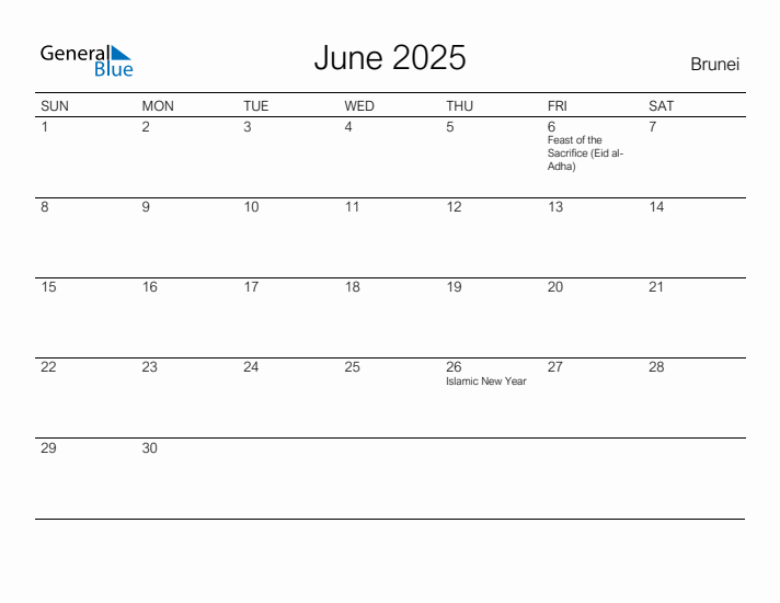 Printable June 2025 Calendar for Brunei