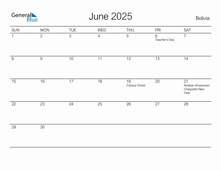 Printable June 2025 Calendar for Bolivia