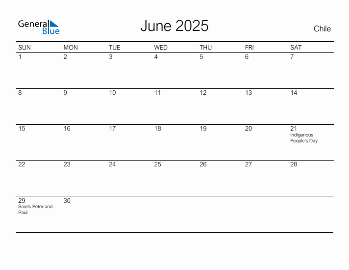 Printable June 2025 Calendar for Chile