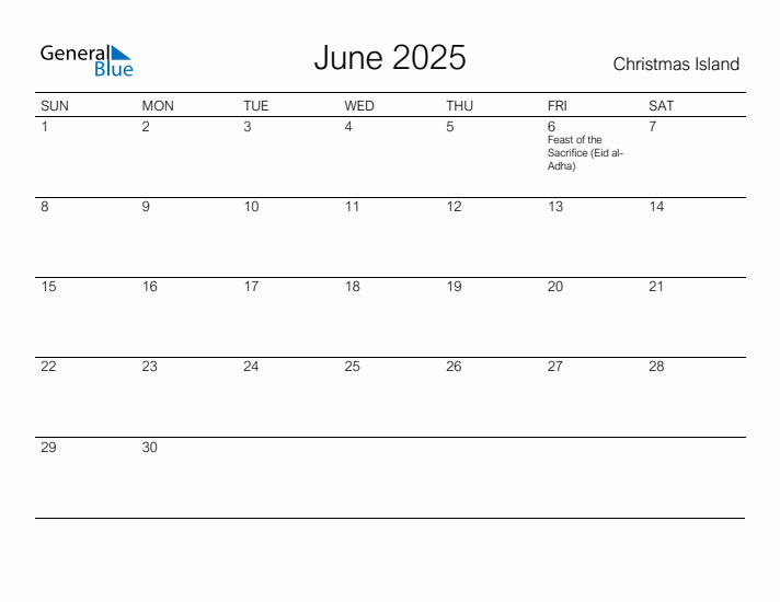 Printable June 2025 Calendar for Christmas Island