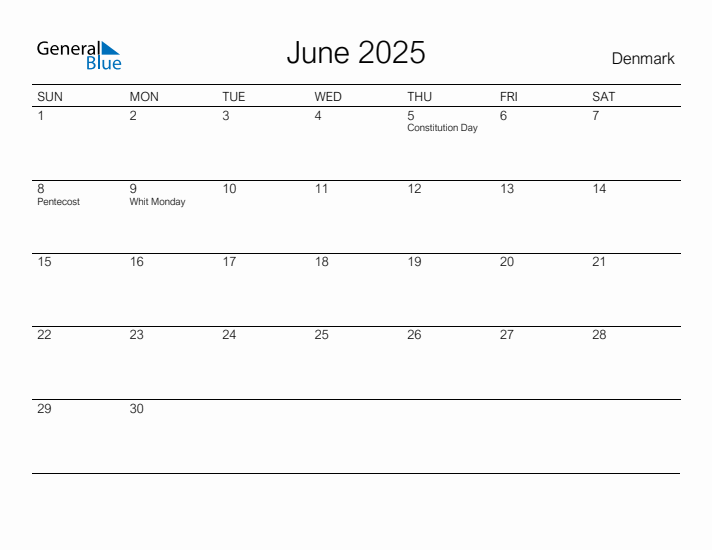 Printable June 2025 Calendar for Denmark