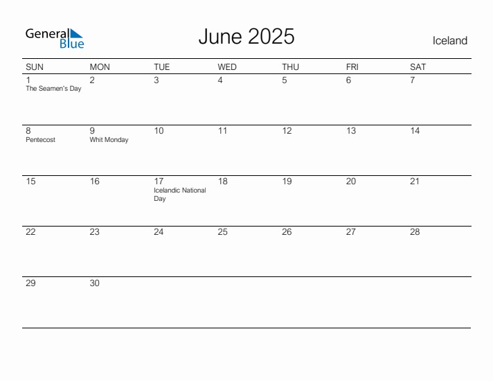 Printable June 2025 Calendar for Iceland