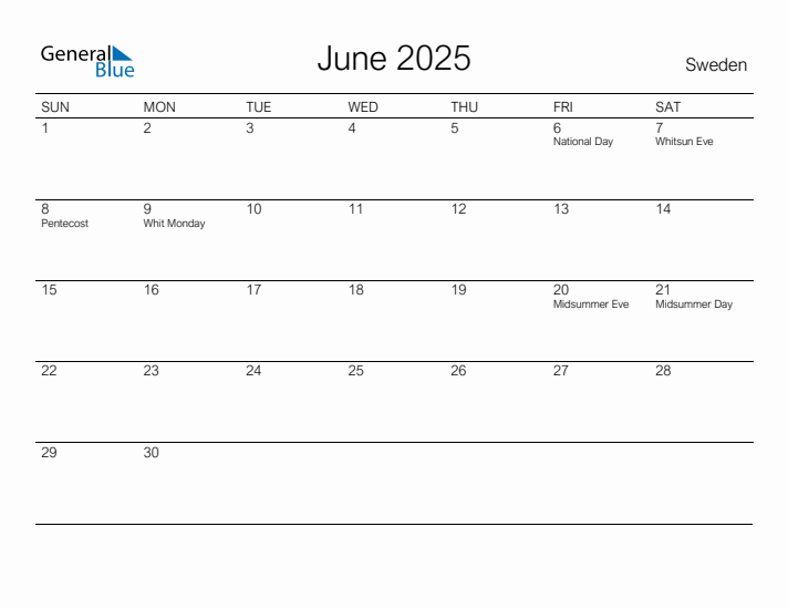 Printable June 2025 Calendar for Sweden