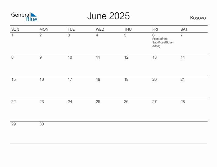 Printable June 2025 Calendar for Kosovo