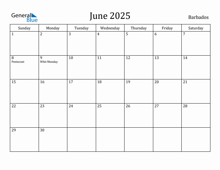 June 2025 Calendar Barbados