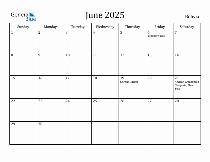 June 2025 Calendar Bolivia