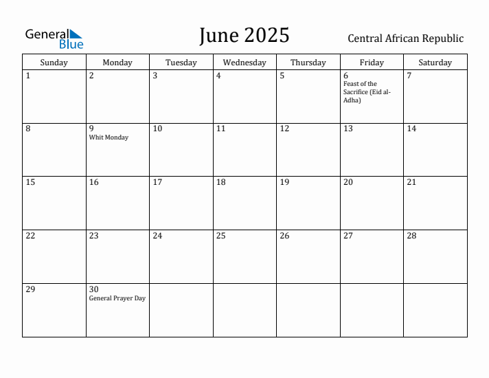 June 2025 Calendar Central African Republic