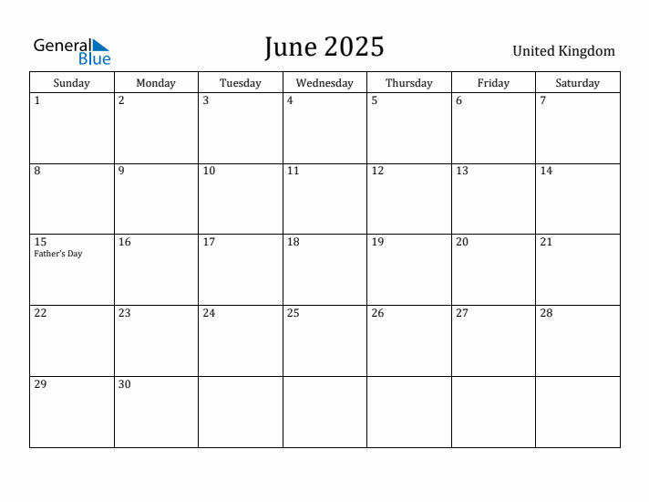 June 2025 Calendar United Kingdom