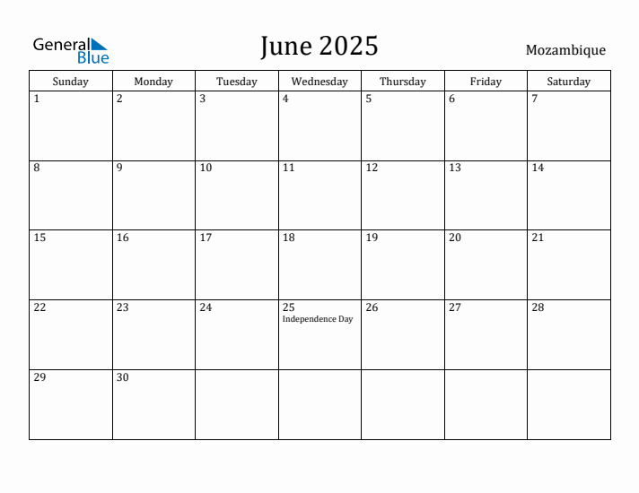 June 2025 Calendar Mozambique