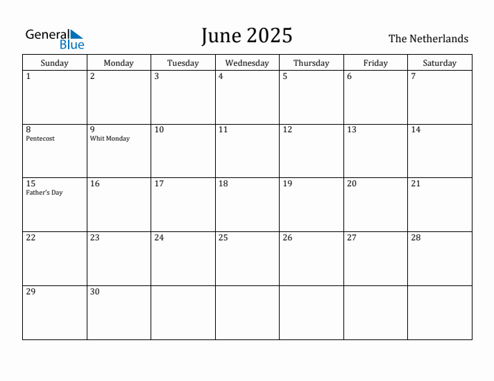 June 2025 Calendar The Netherlands