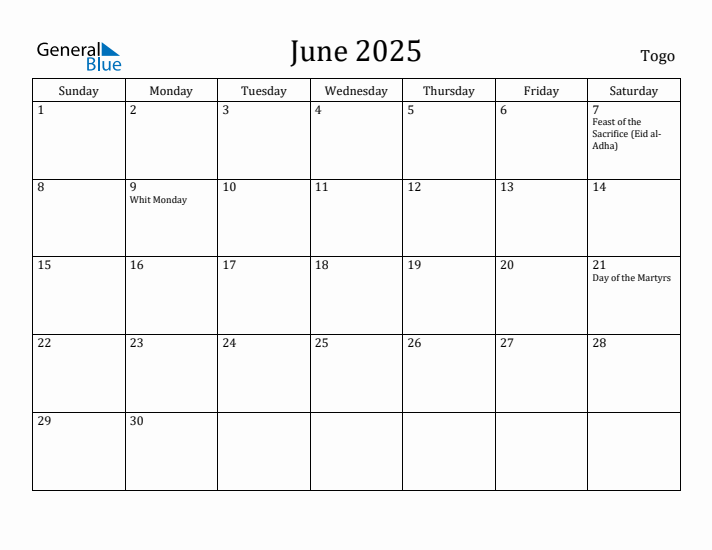 June 2025 Calendar Togo