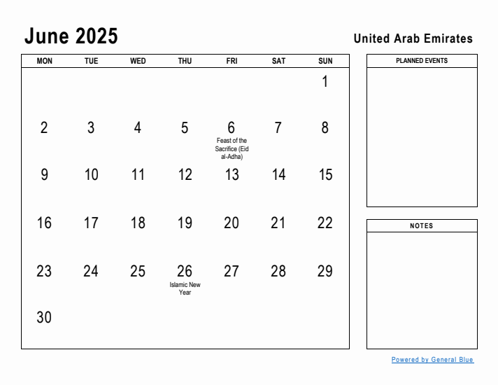 June 2025 Printable Monthly Calendar with United Arab Emirates Holidays