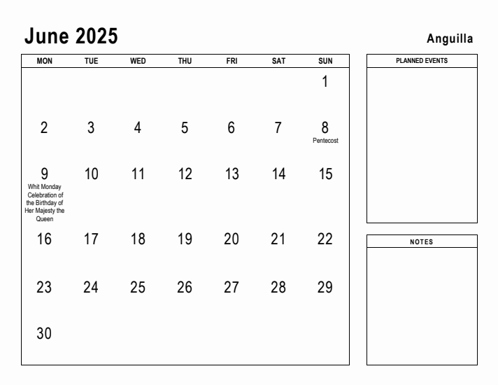 June 2025 Printable Monthly Calendar with Anguilla Holidays