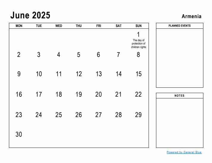 June 2025 Printable Monthly Calendar with Armenia Holidays