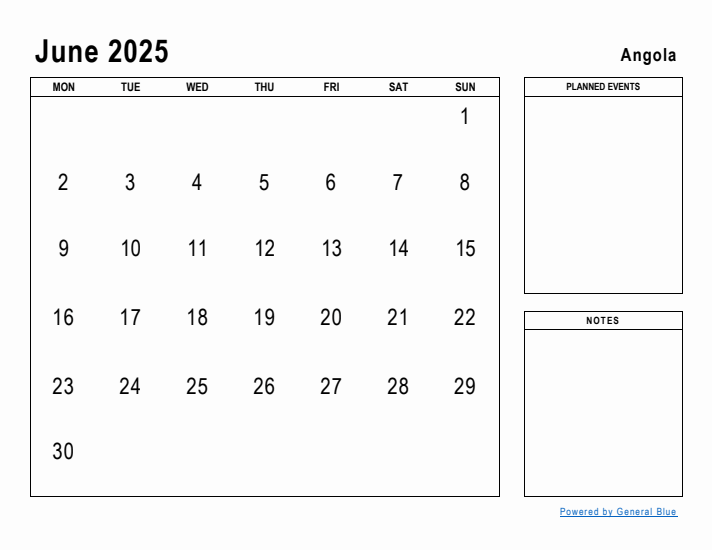 June 2025 Printable Monthly Calendar with Angola Holidays