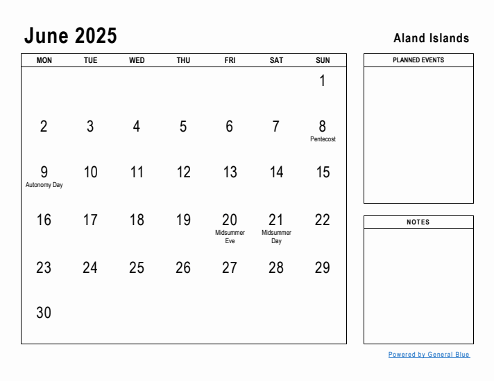 June 2025 Printable Monthly Calendar with Aland Islands Holidays