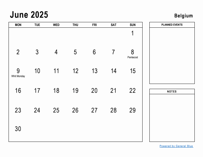 June 2025 Printable Monthly Calendar with Belgium Holidays