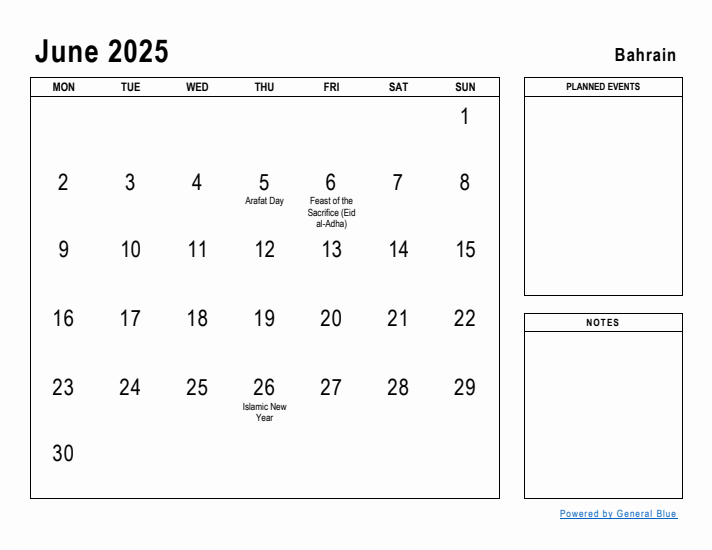 June 2025 Printable Monthly Calendar with Bahrain Holidays