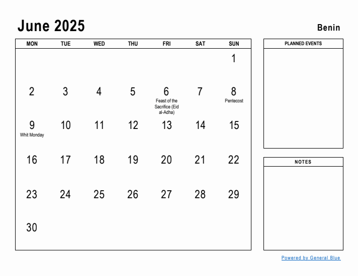 June 2025 Printable Monthly Calendar with Benin Holidays