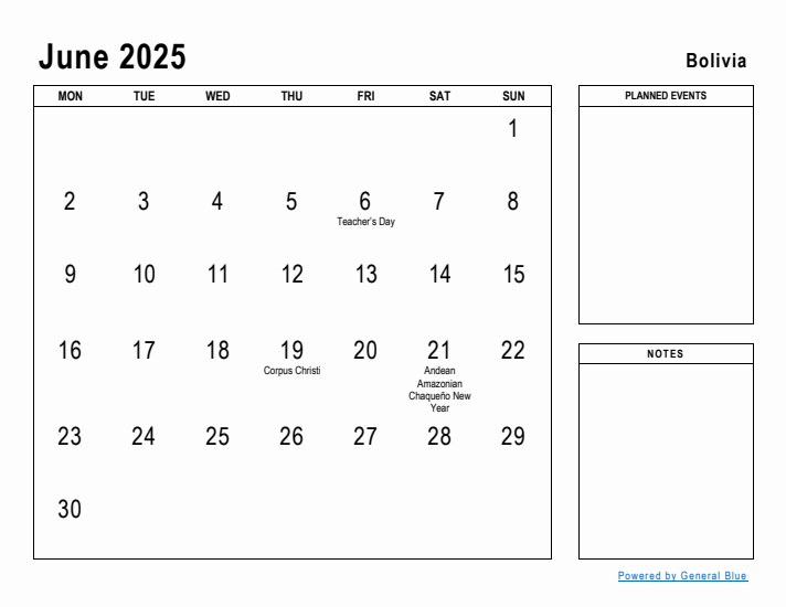 June 2025 Printable Monthly Calendar with Bolivia Holidays