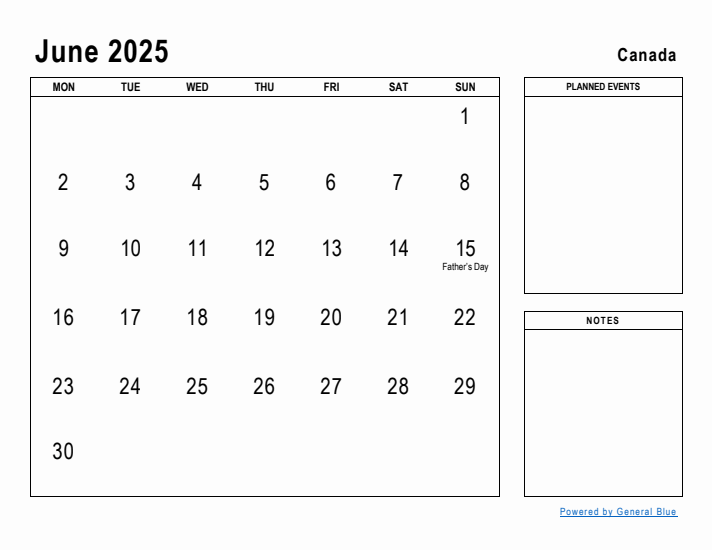 June 2025 Printable Monthly Calendar with Canada Holidays