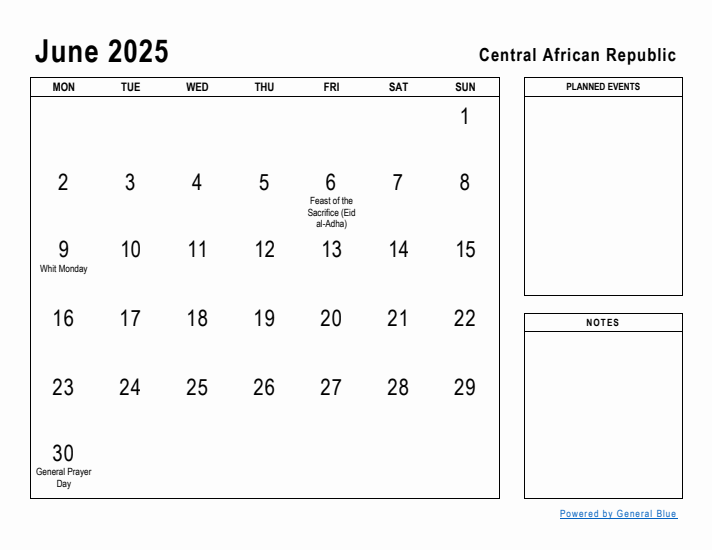 June 2025 Printable Monthly Calendar with Central African Republic Holidays