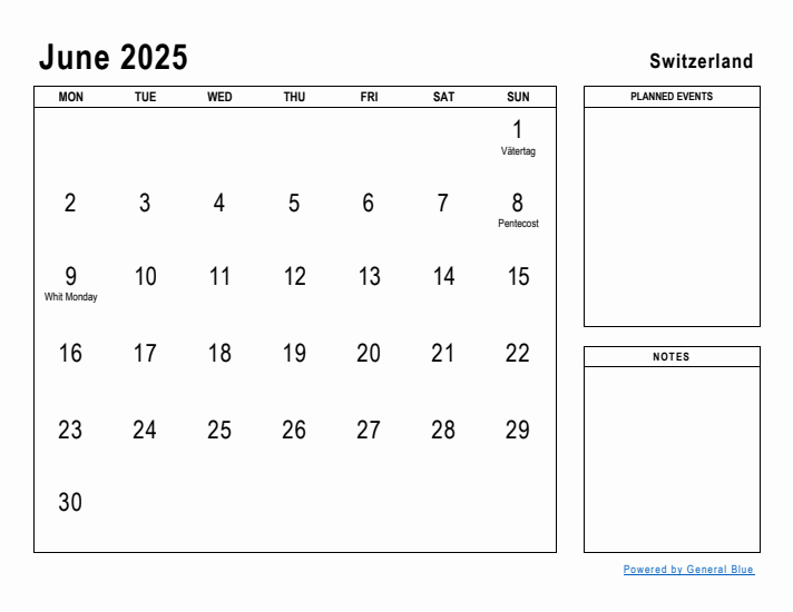 June 2025 Printable Monthly Calendar with Switzerland Holidays