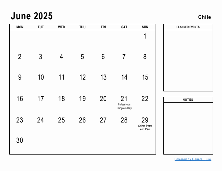 June 2025 Printable Monthly Calendar with Chile Holidays