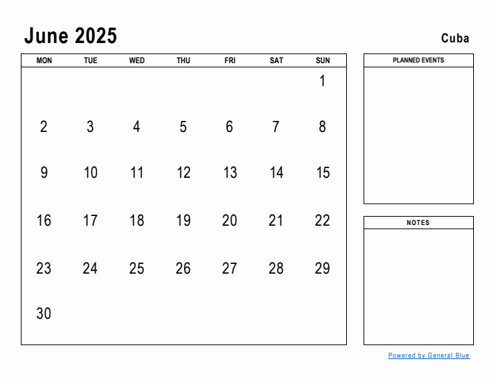 June 2025 Printable Monthly Calendar with Cuba Holidays