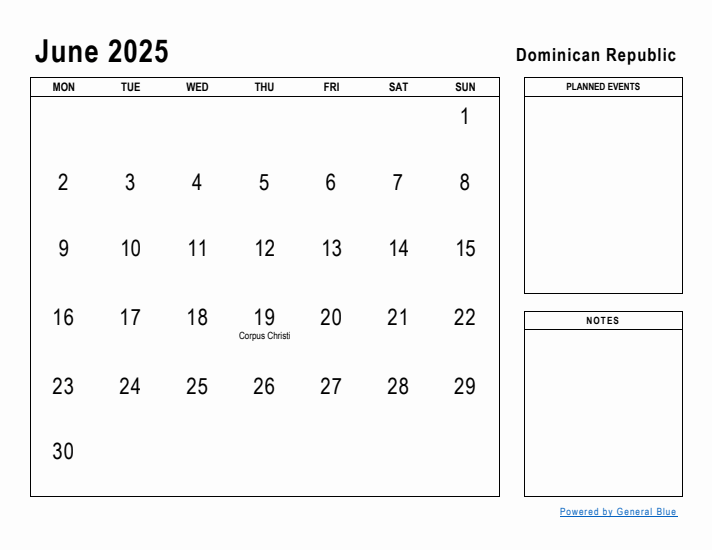 June 2025 Printable Monthly Calendar with Dominican Republic Holidays