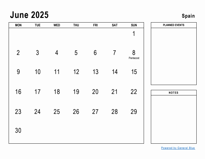 June 2025 Printable Monthly Calendar with Spain Holidays