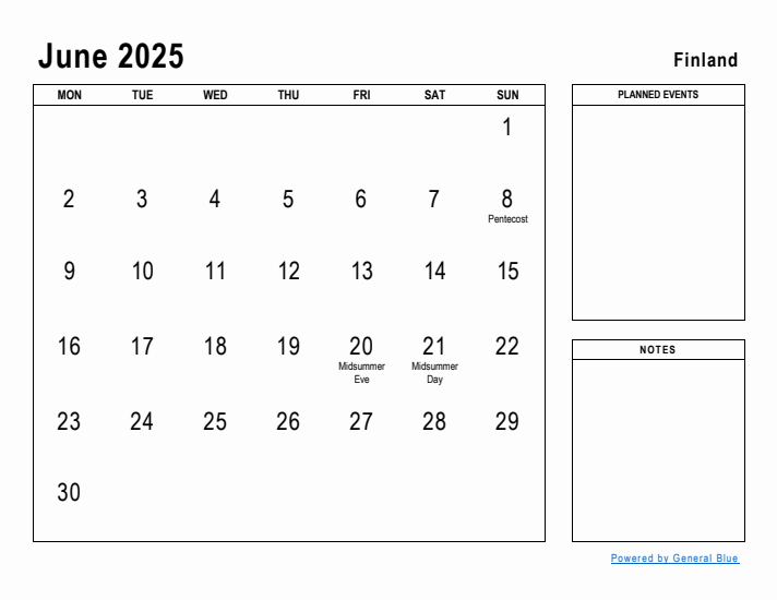 June 2025 Printable Monthly Calendar with Finland Holidays