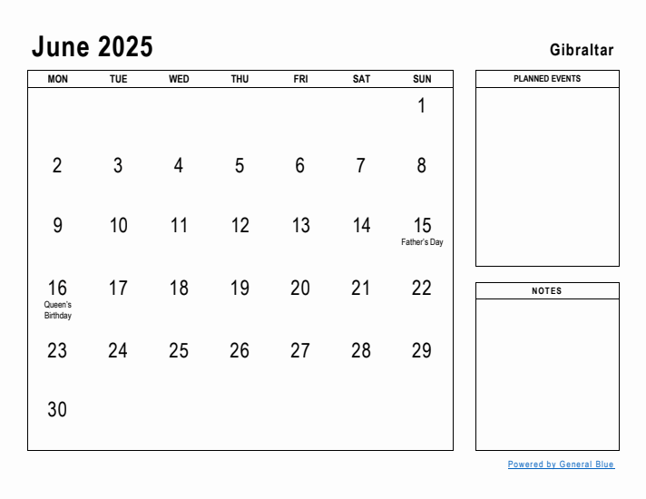 June 2025 Printable Monthly Calendar with Gibraltar Holidays