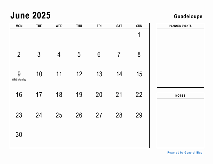 June 2025 Printable Monthly Calendar with Guadeloupe Holidays