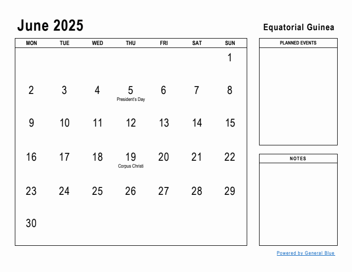 June 2025 Printable Monthly Calendar with Equatorial Guinea Holidays