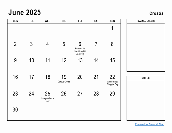 June 2025 Printable Monthly Calendar with Croatia Holidays