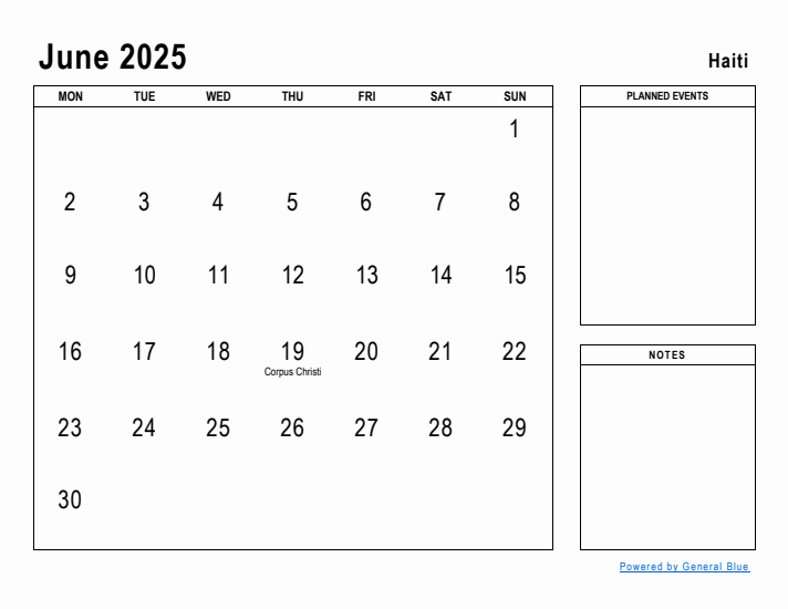 June 2025 Printable Monthly Calendar with Haiti Holidays