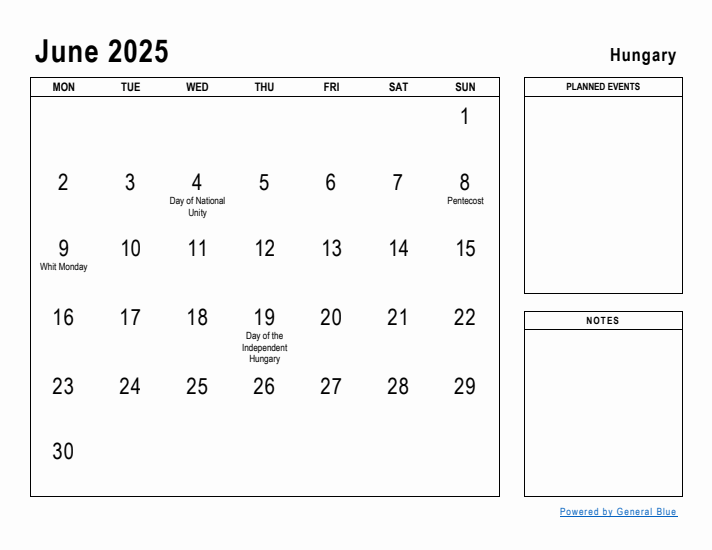 June 2025 Printable Monthly Calendar with Hungary Holidays